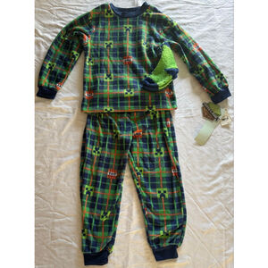Boys Minecraft Pajama Set XS Green Blue Plaid Fleece